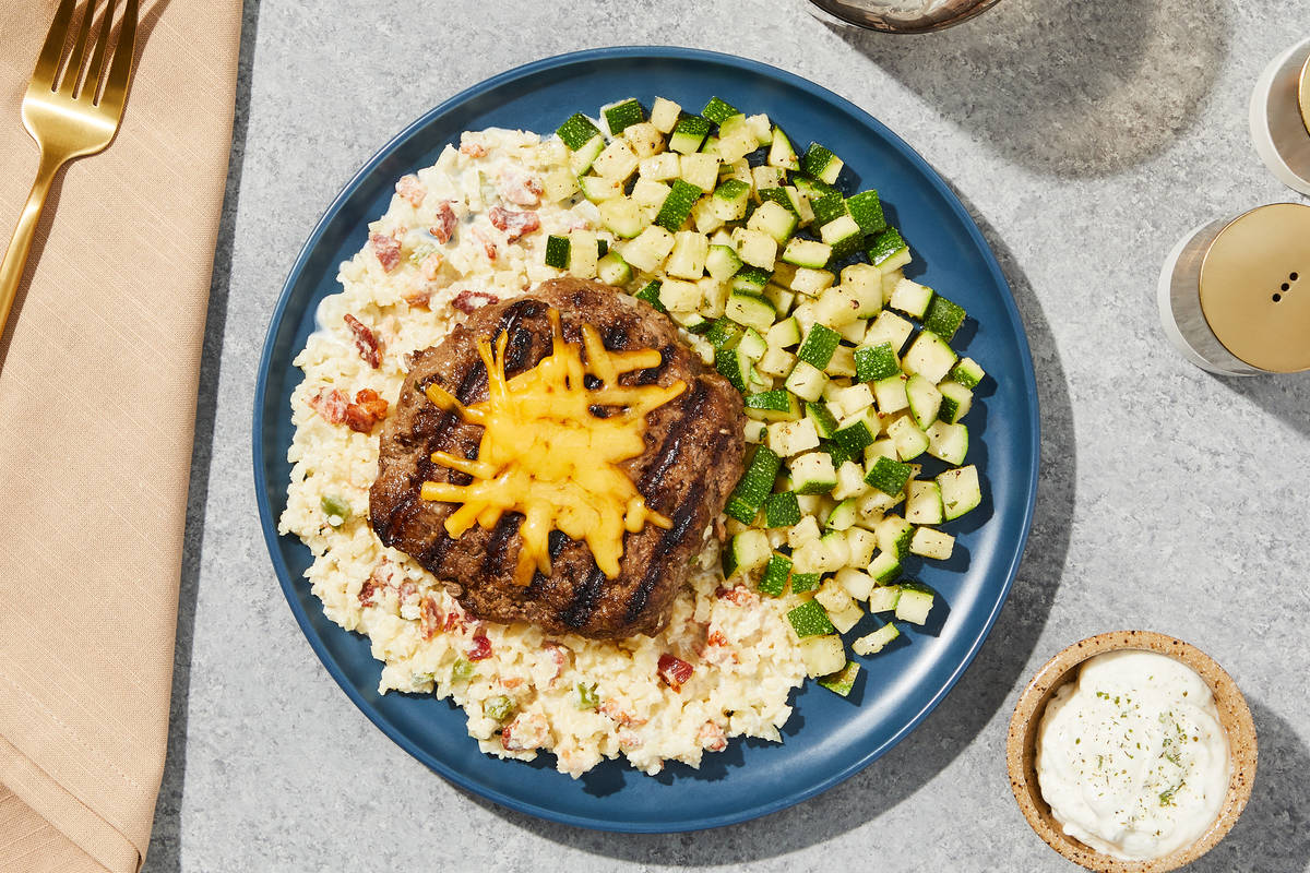 Texas Cheddar Burger & Bacon Cauli Grits