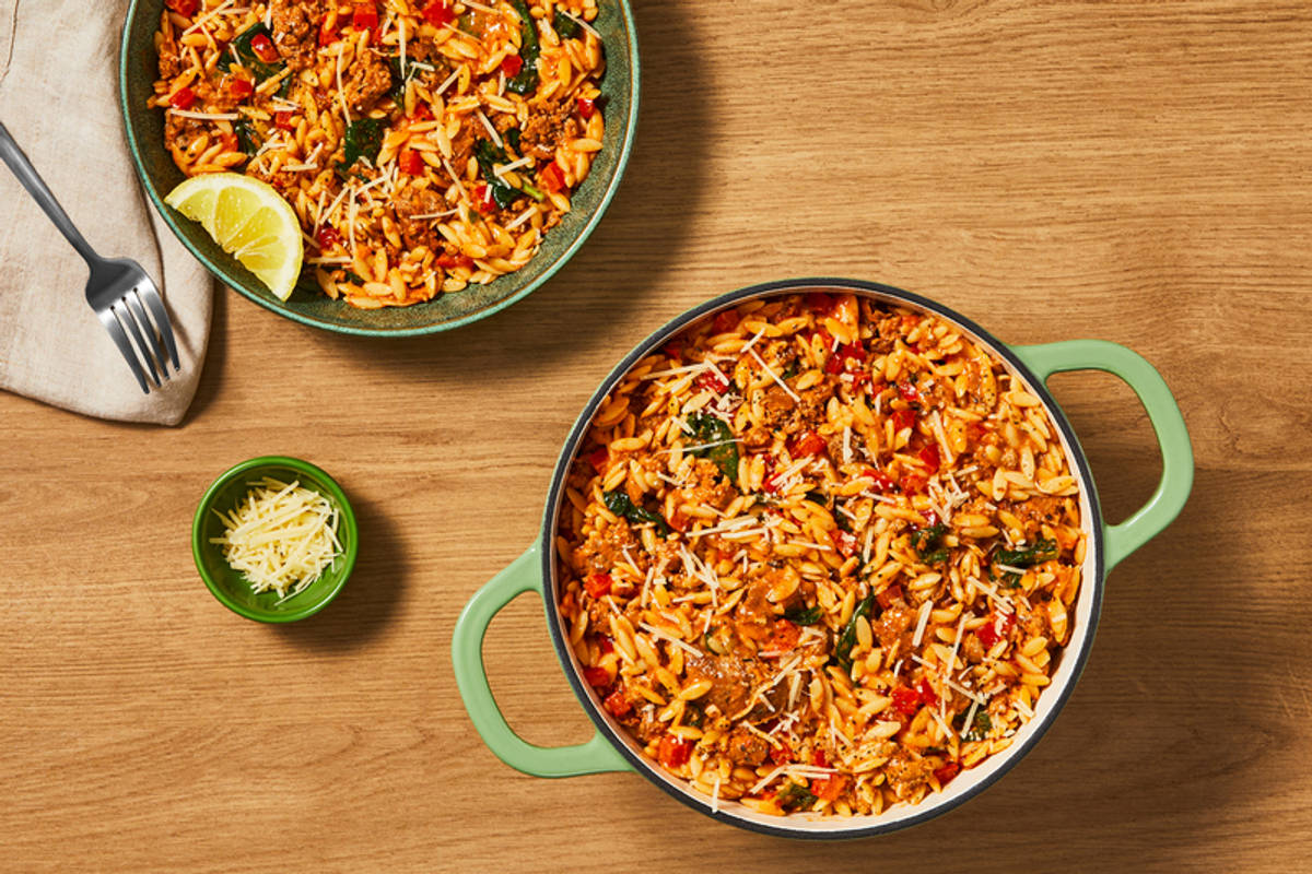 One-Pot Garlicky Turkey and Tomato-Pesto Orzo