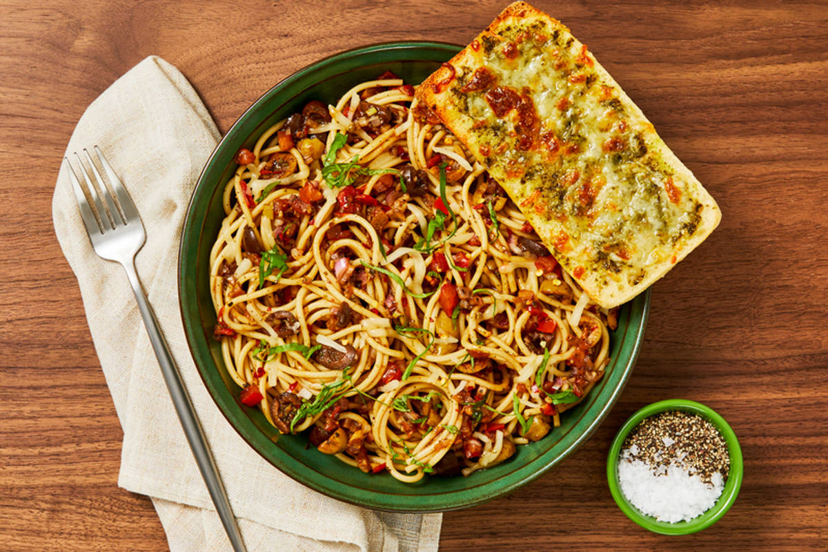 Spaghetti sauce tomate-basilic façon bruschetta et saucisse