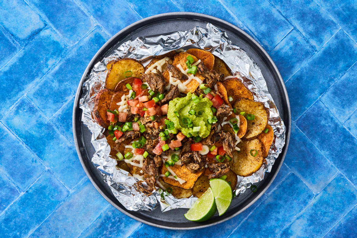 Russet and Sweet Potato "Nachos" with Plant-Based Mozzarella