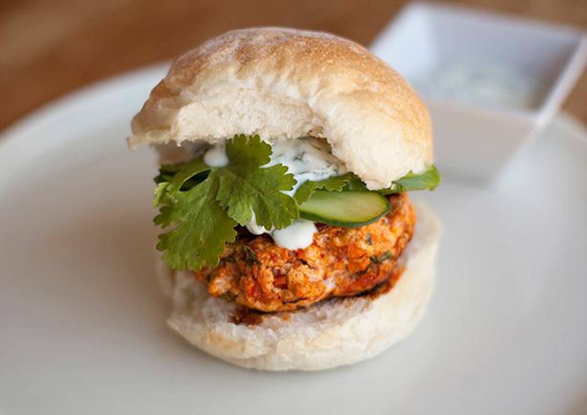 Bombay Chicken Burgers with Creamy Raita