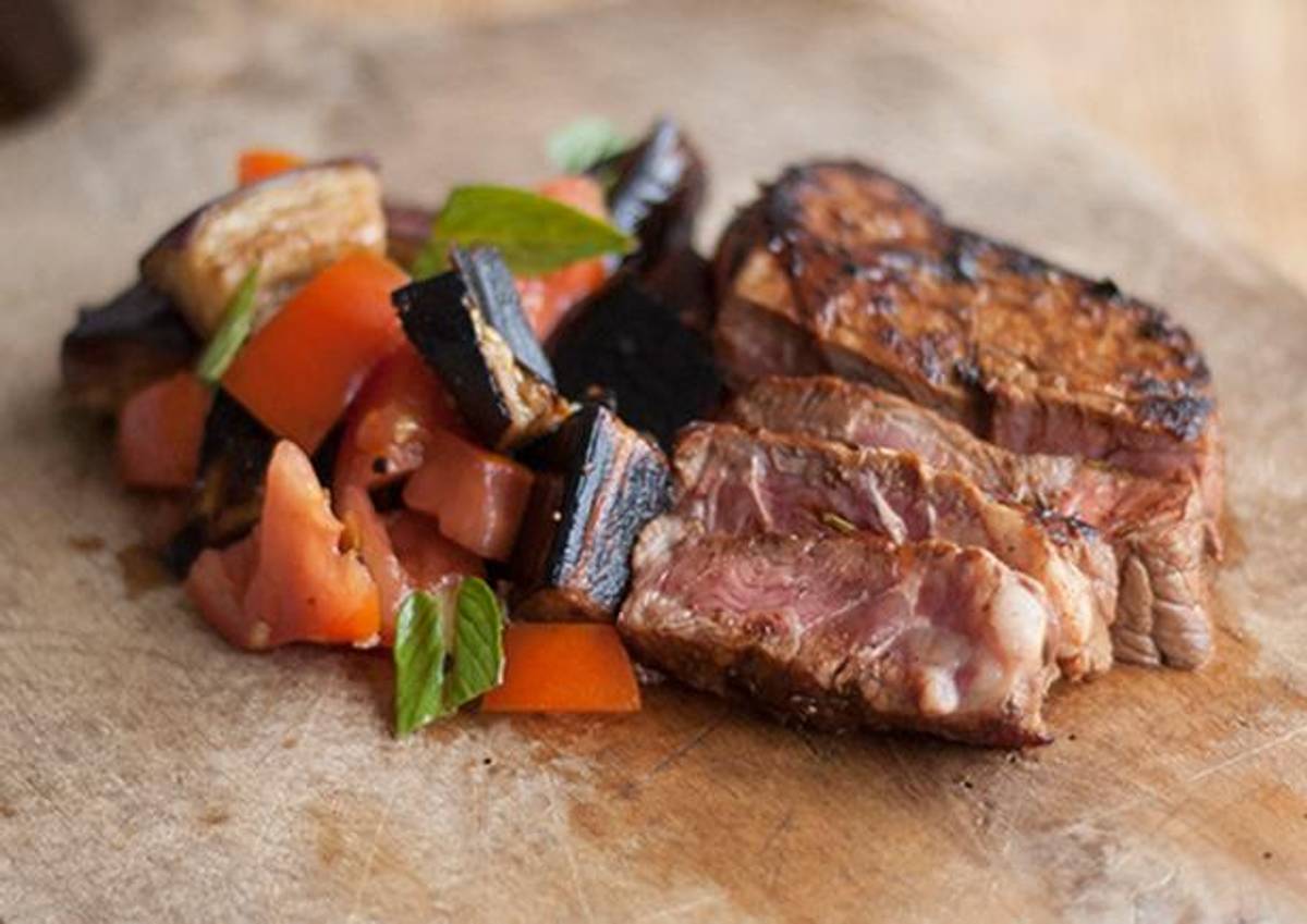 Moroccan Steak with Fragrant Eggplant & Tomato Salad
