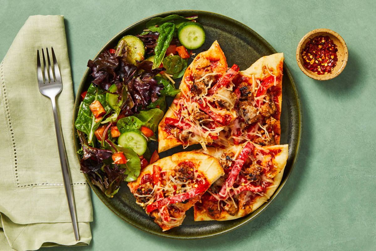 Pizzas sur pains plats à l'émincé protéiné à base de plantes