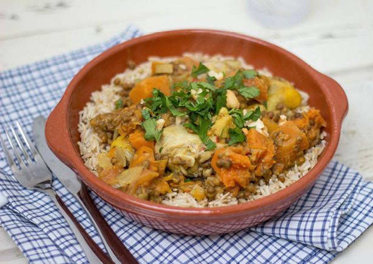 Pompoen-linzencurry met kip
