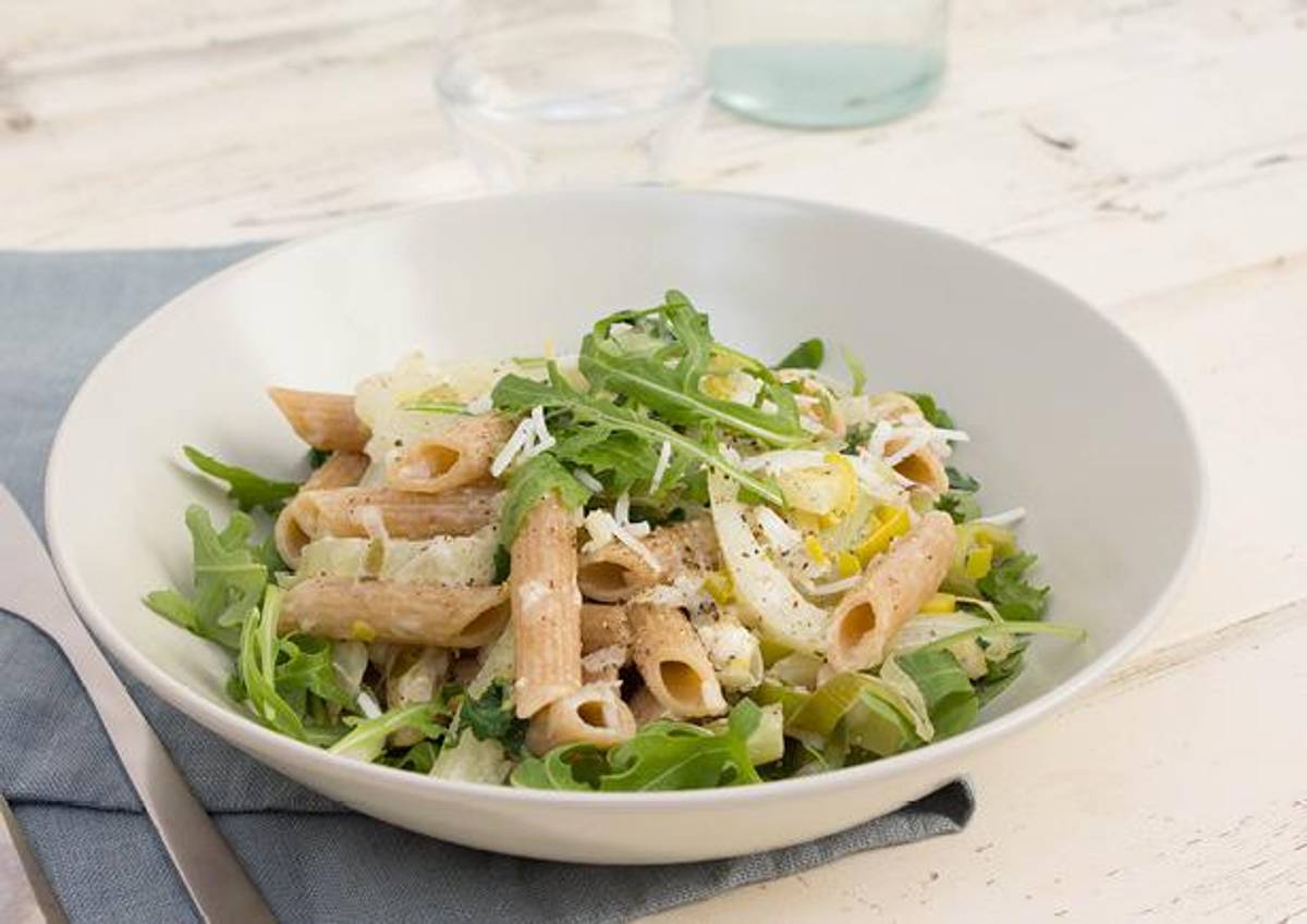 Penne met romige venkel, prei en geraspte geitenkaas