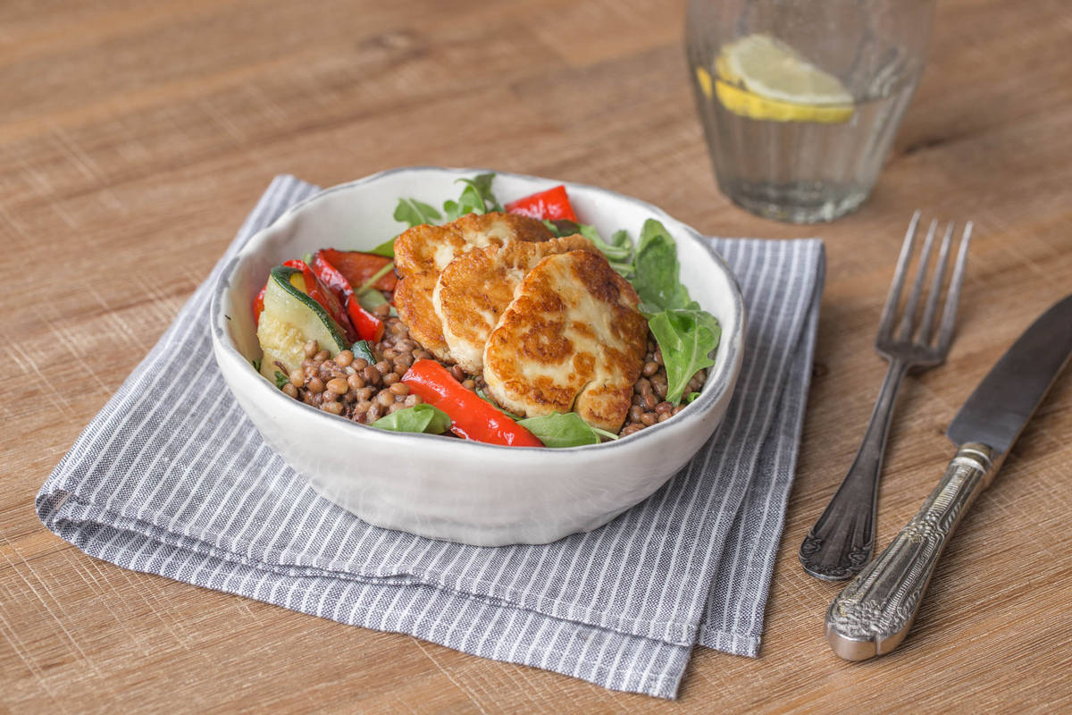 Lentil and Charred Vegetable Halloumi Salad
