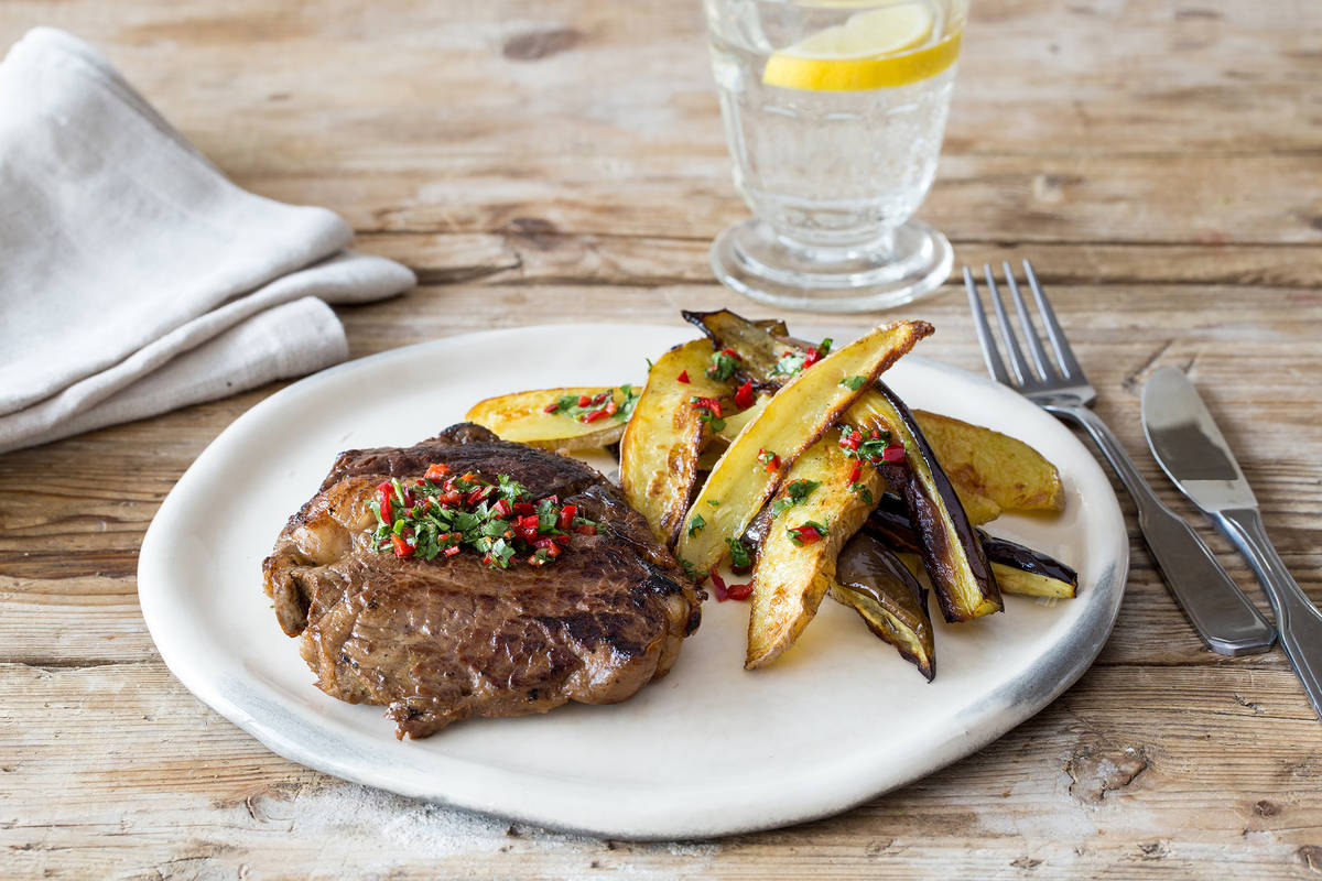 Scotch Fillet with Coriander Relish & Mixed Wedges