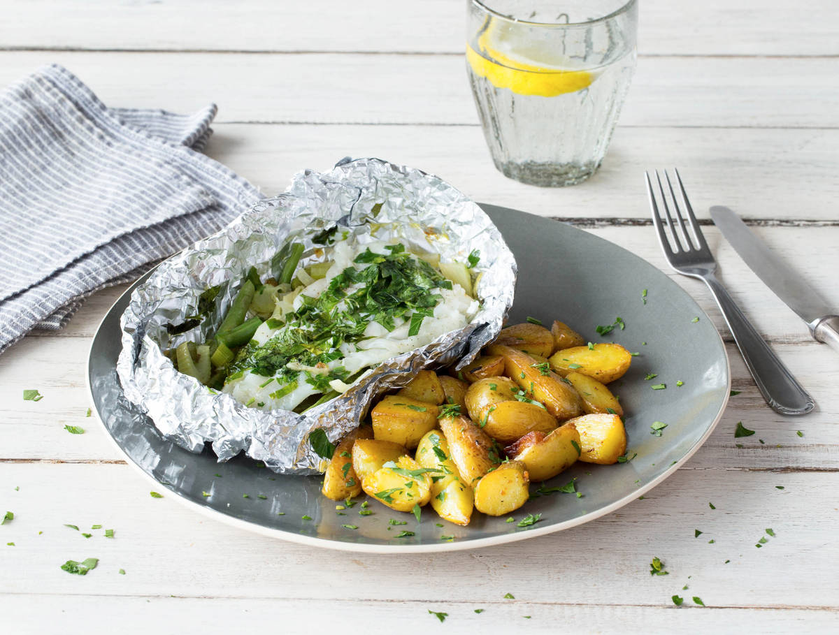 Vispakketje met venkel, sperziebonen en gebakken krieltjes