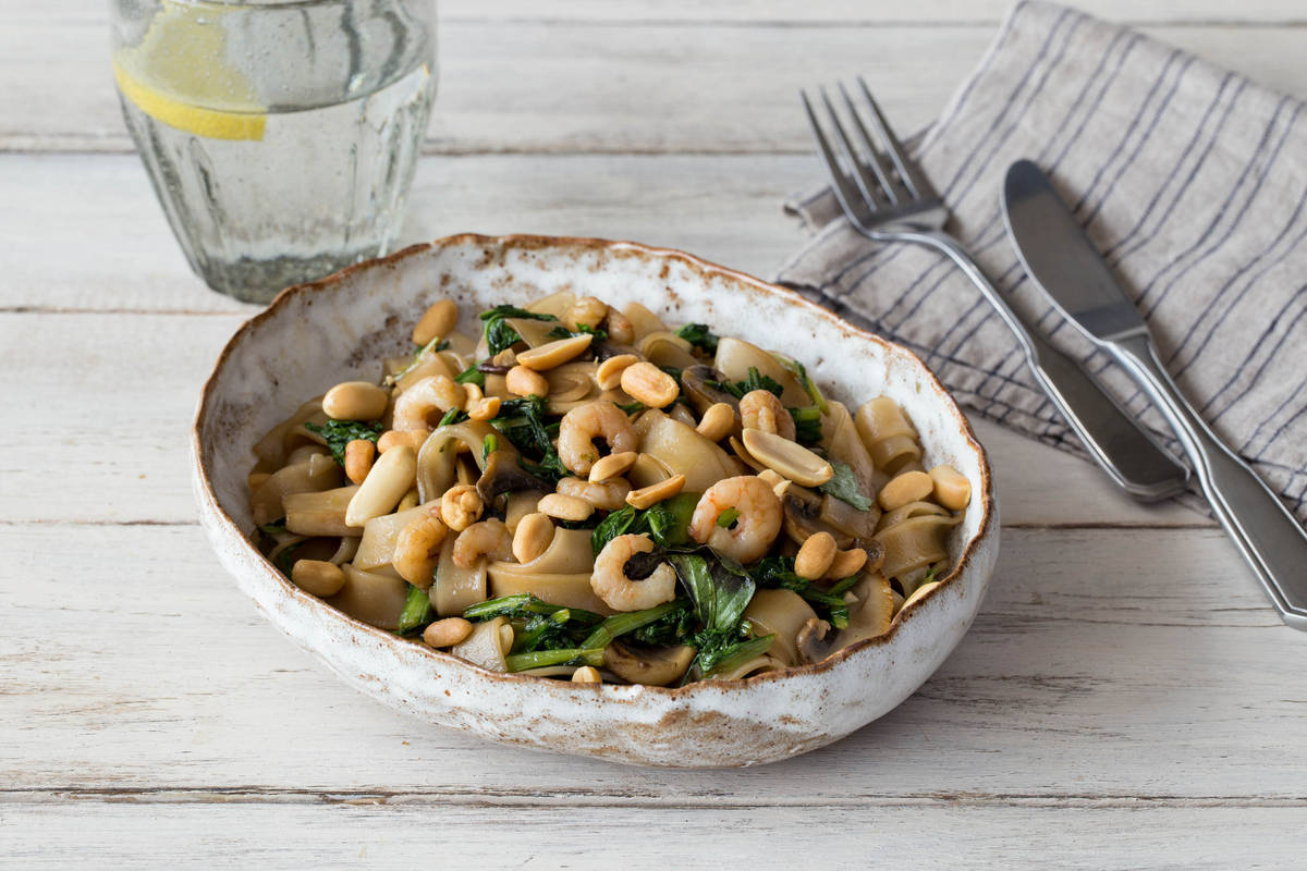 Shrimp Pad See Ew with Broccoli, Mushrooms, and Peanuts