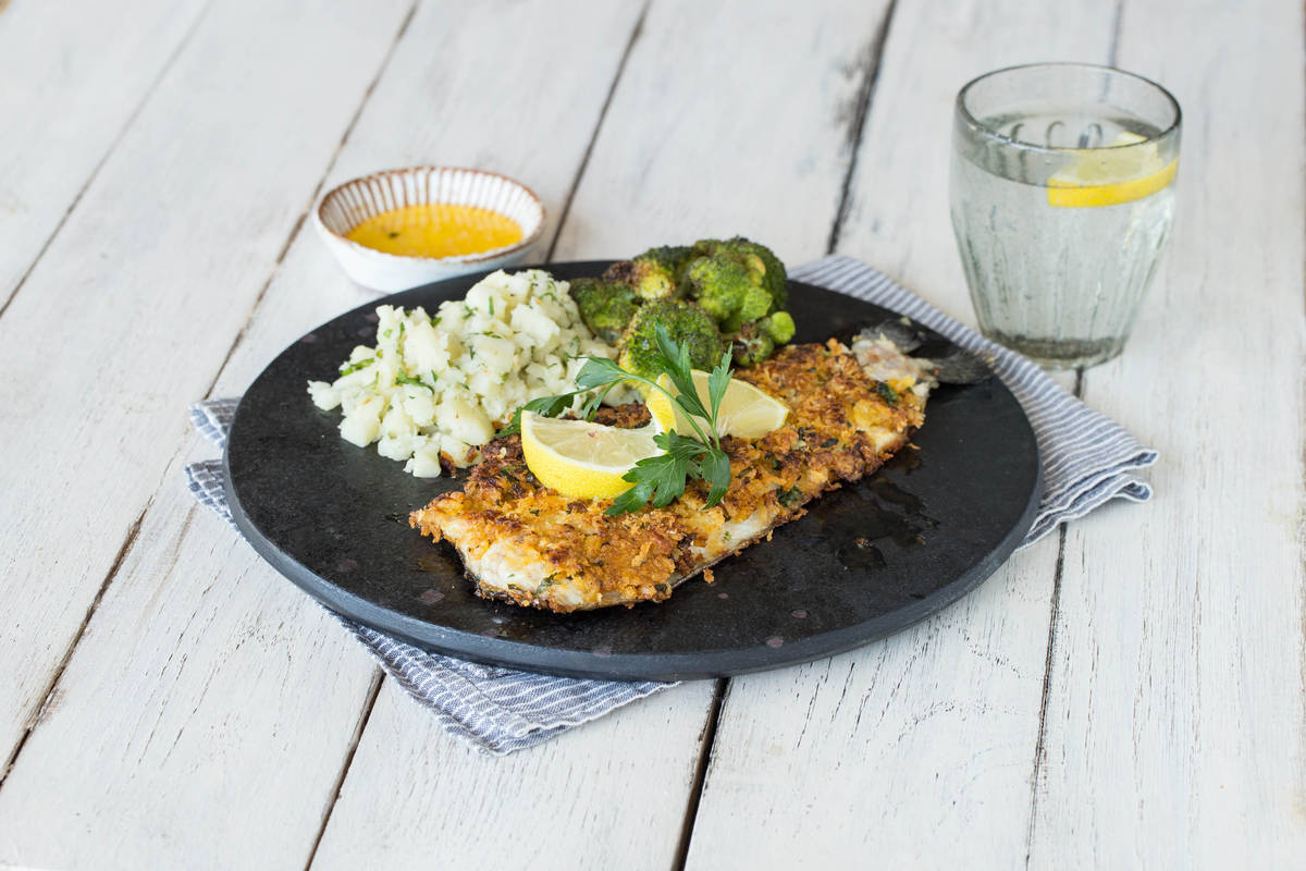 Panko-Crusted Trout with Lemon-Butter Sauce, Parsnip Mash, and Crispy Broccoli