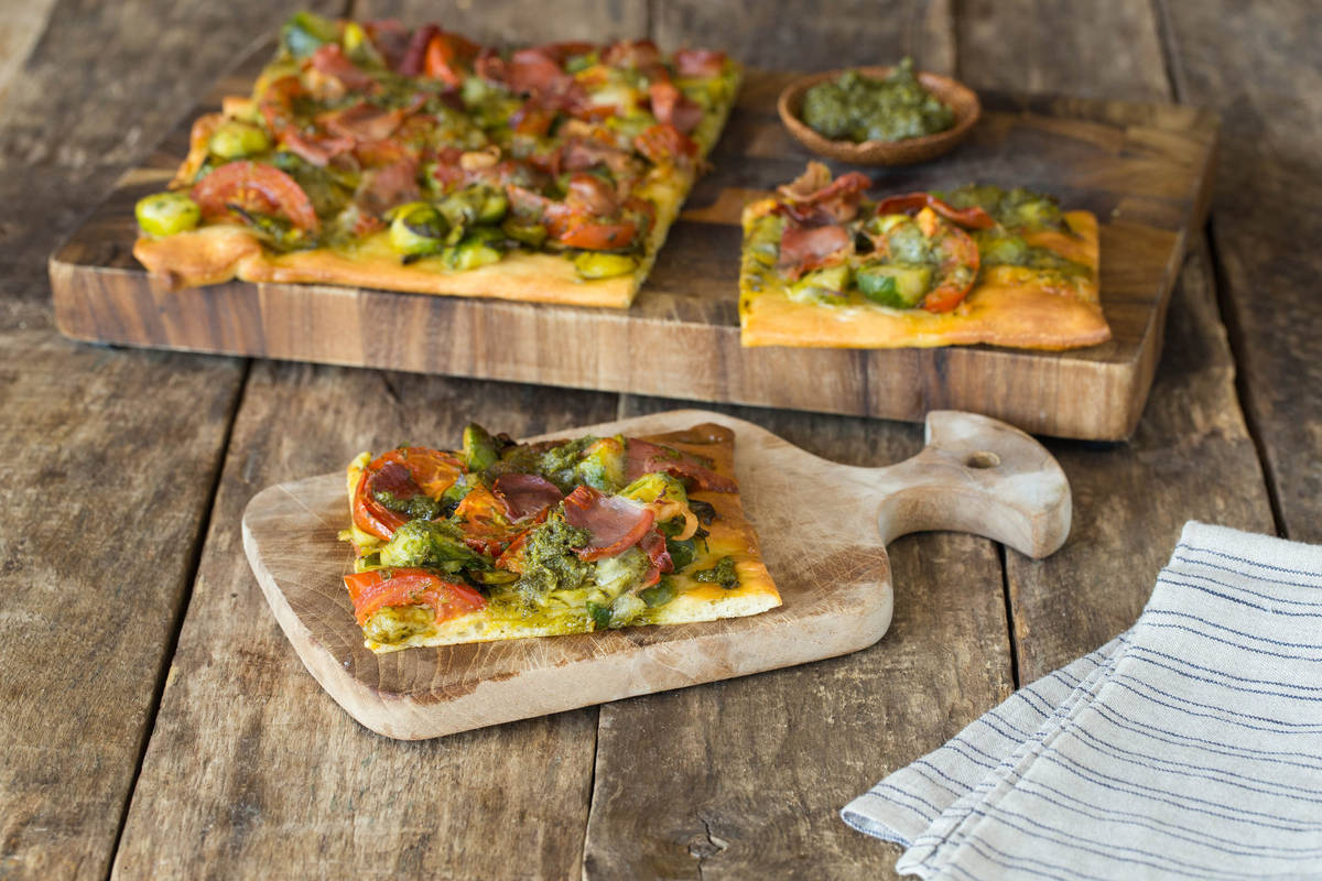 Brussels Sprout & Prosciutto Flatbread with Fresh Pesto and Mozzarella