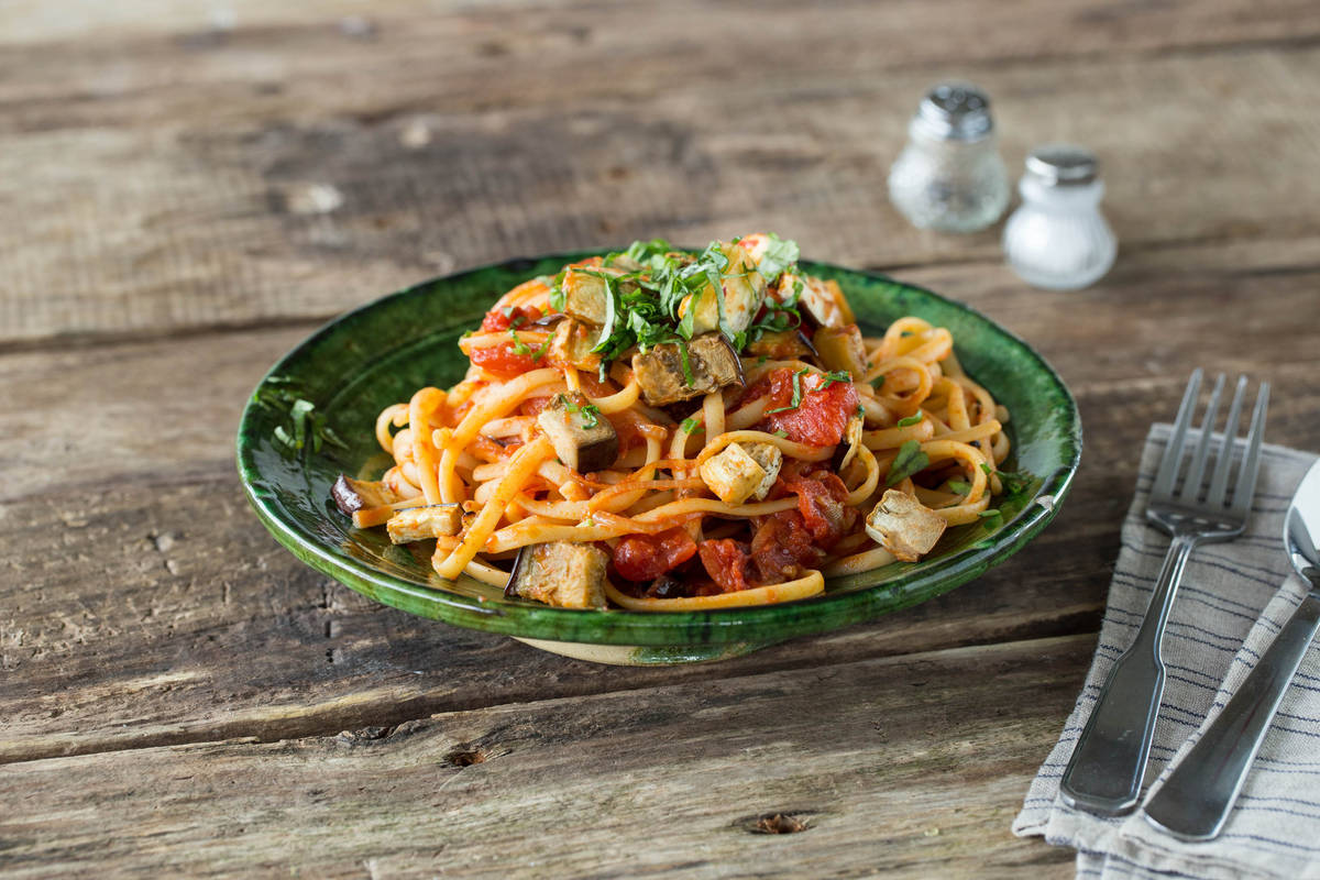 Roasted Eggplant Linguine with Sundried Tomatoes, Basil, and Chilies