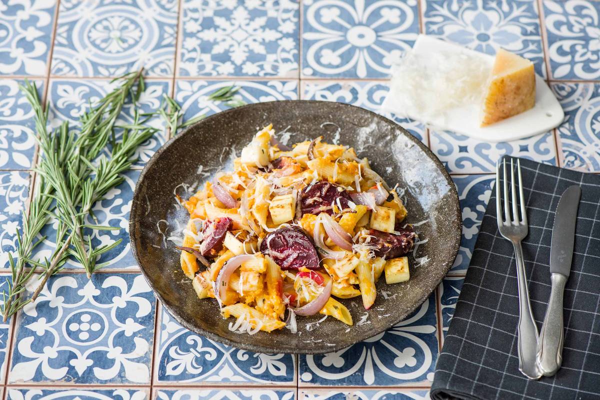 Autumn Pasta Bake with Creamy Sweet Potato Puree, Roasted Root Vegetables, and Rosemary
