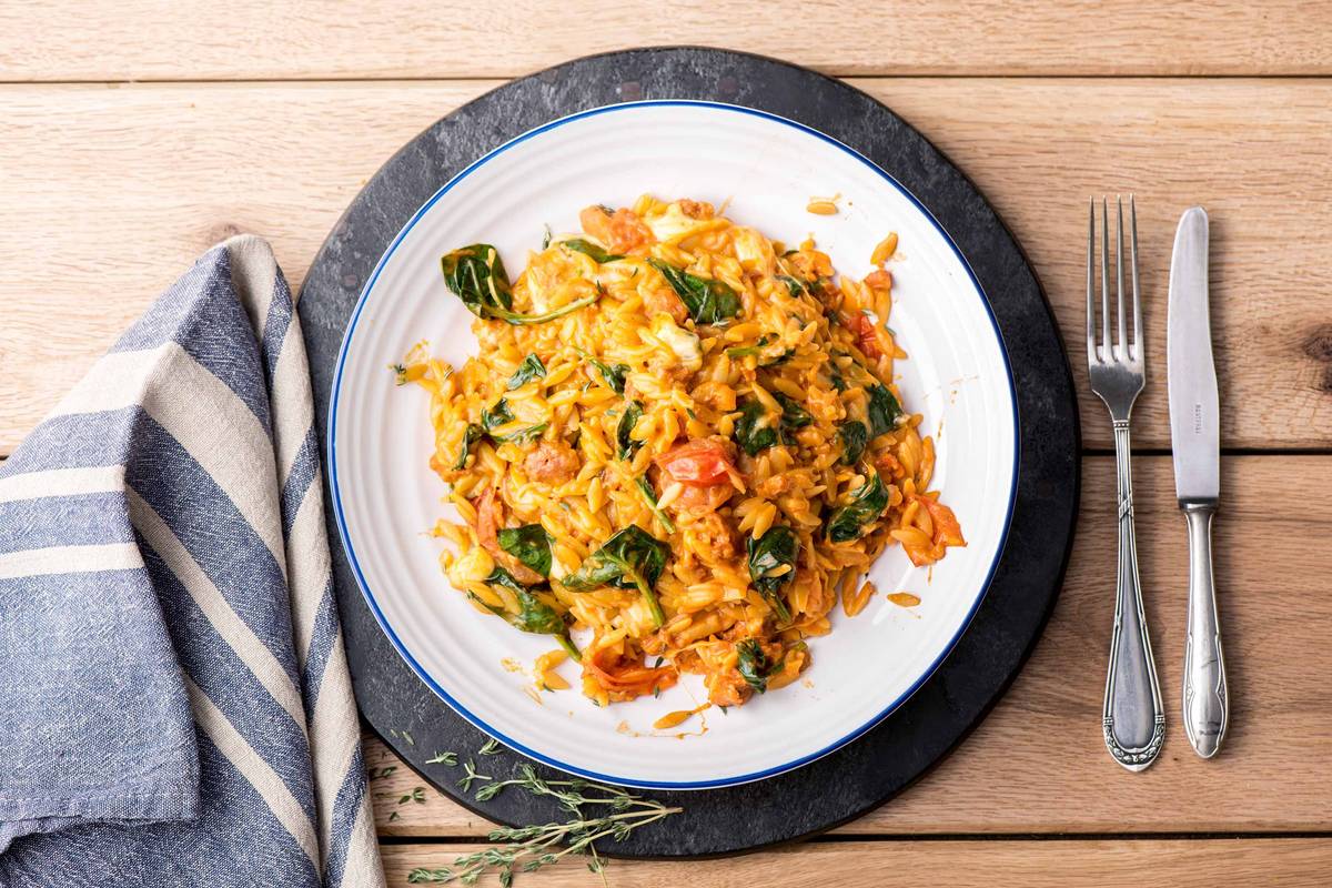 Cheesy Tomato, Chorizo and Mozzarella Orzo Risotto