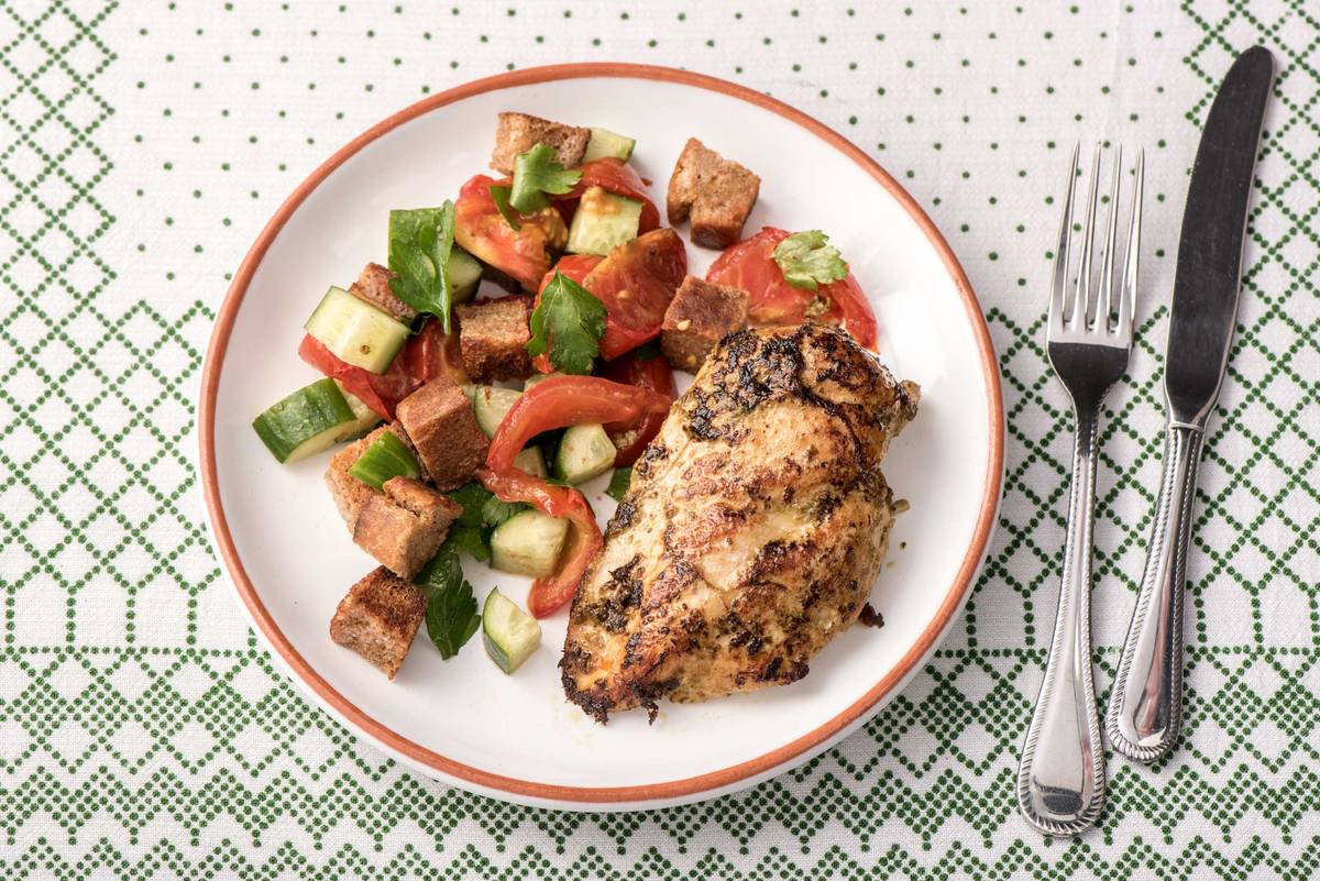 Family Pesto Chicken Panzanella Salad