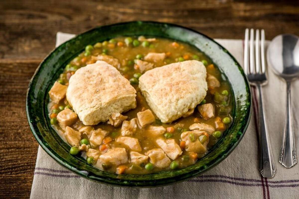Skillet Chicken Pot Pie with Homemade Biscuits and Thyme Gravy