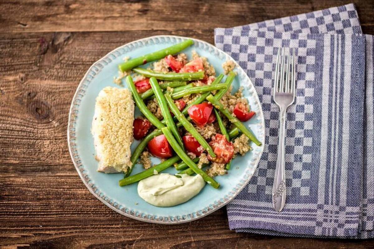 Panko-Crusted Mahi Mahi with Wasabi Aioli, Quinoa, and Green Bean-Tomato Saute