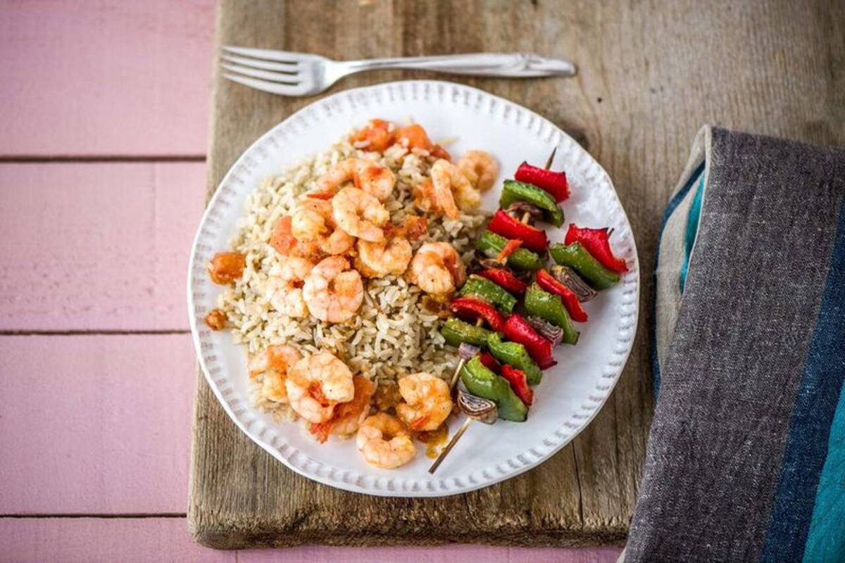 Garlic-Butter Shrimp with Tomato, Brown Rice, and Caramelized Veggie Skewers