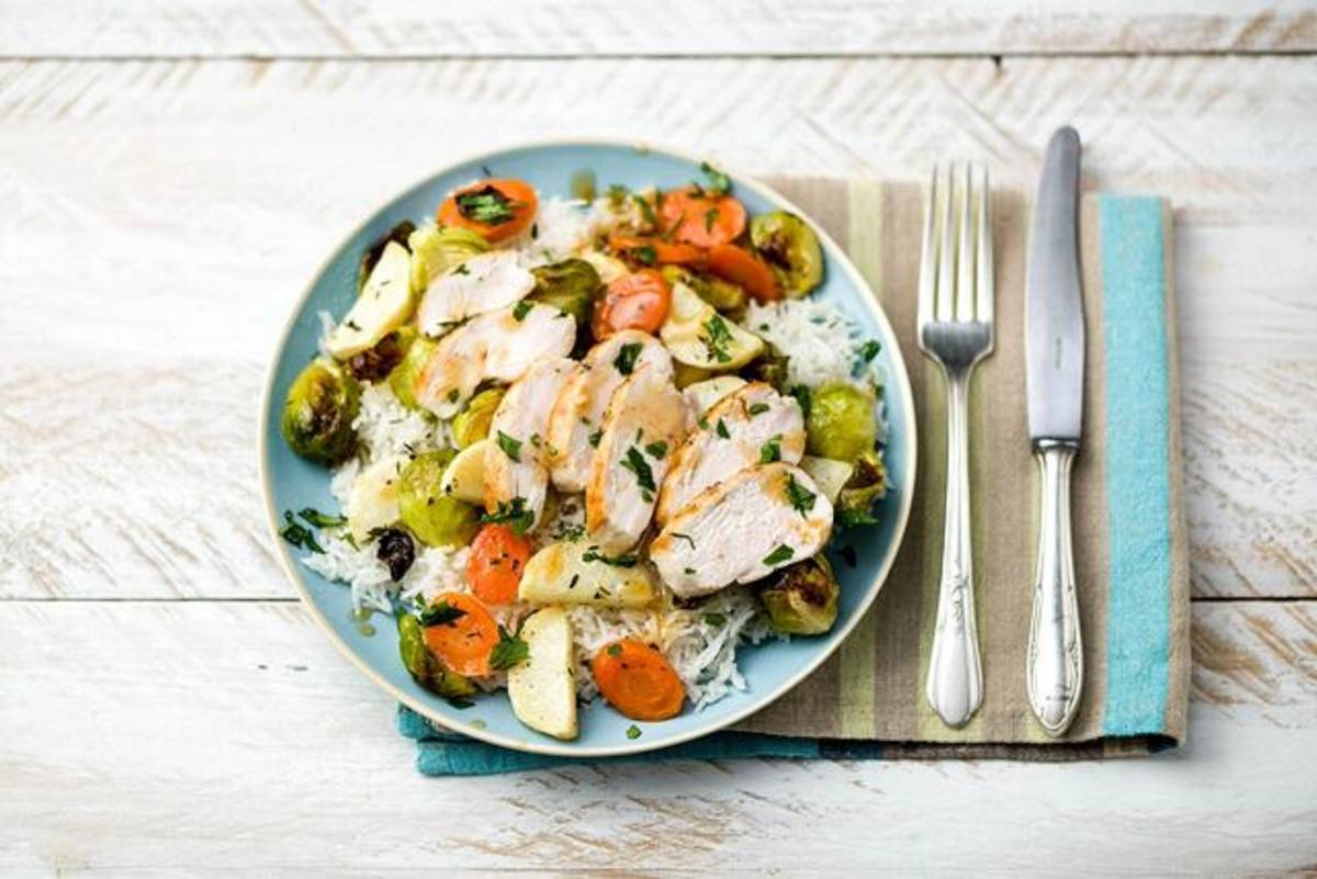 Oven-Roasted Chicken with Winter Vegetables, Basmati Rice, and Lemon-Thyme Pan Sauce