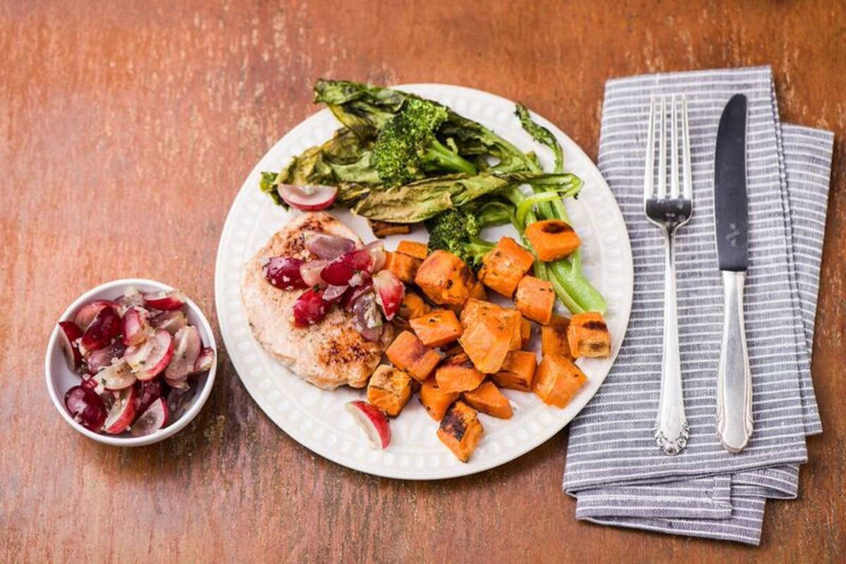Pan-Seared Pork Chops with Rosemary-Grape Salsa, Sweet Potatoes, and Roasted Broccolini