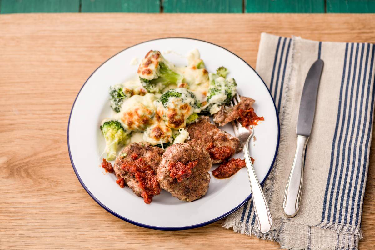 Beef Rissoles with Cheesy Broccoli