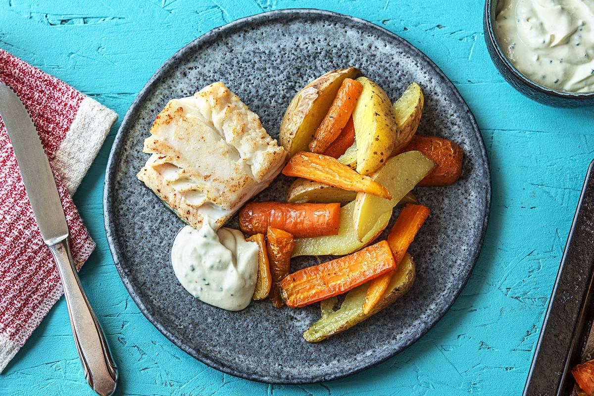 Schelvis met bieslooksaus, bospeen en aardappelen