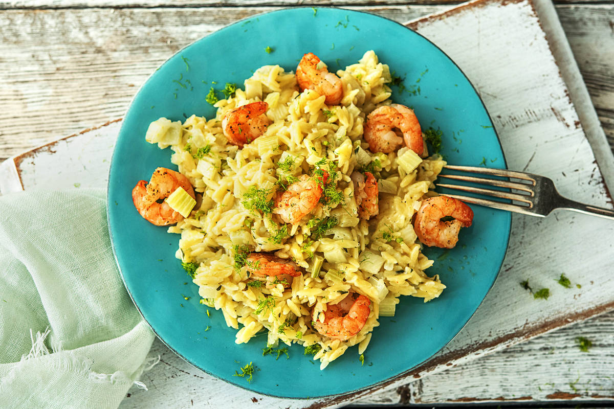 Crevettes à l’orzo et au fenouil
