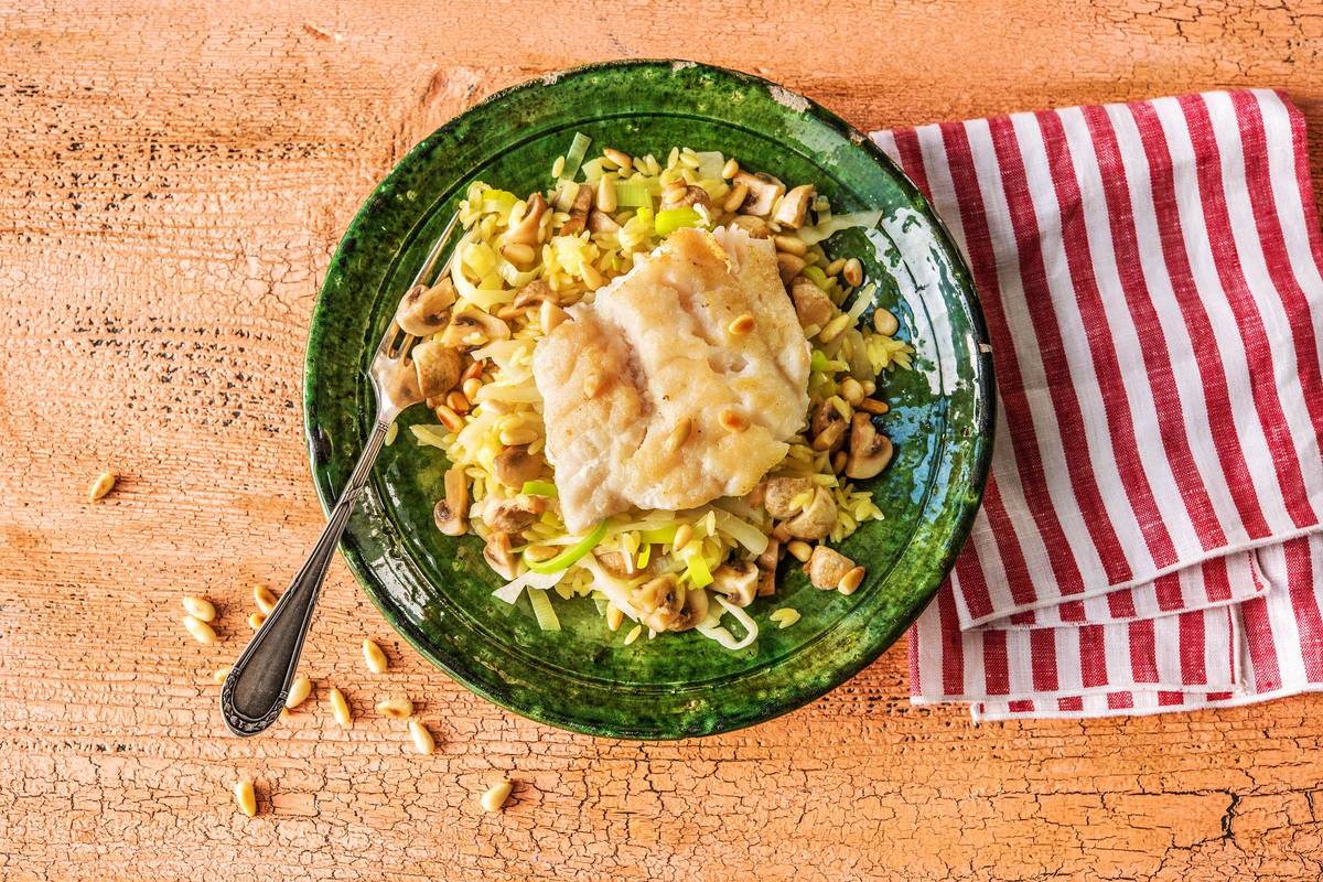 Orzo met kabeljauw en champignons
