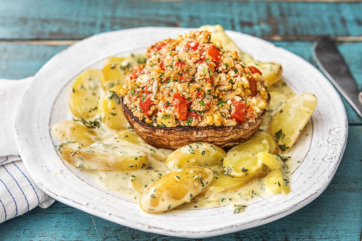 Mit Hirtenkäse gefüllte Portobello-Pilze,