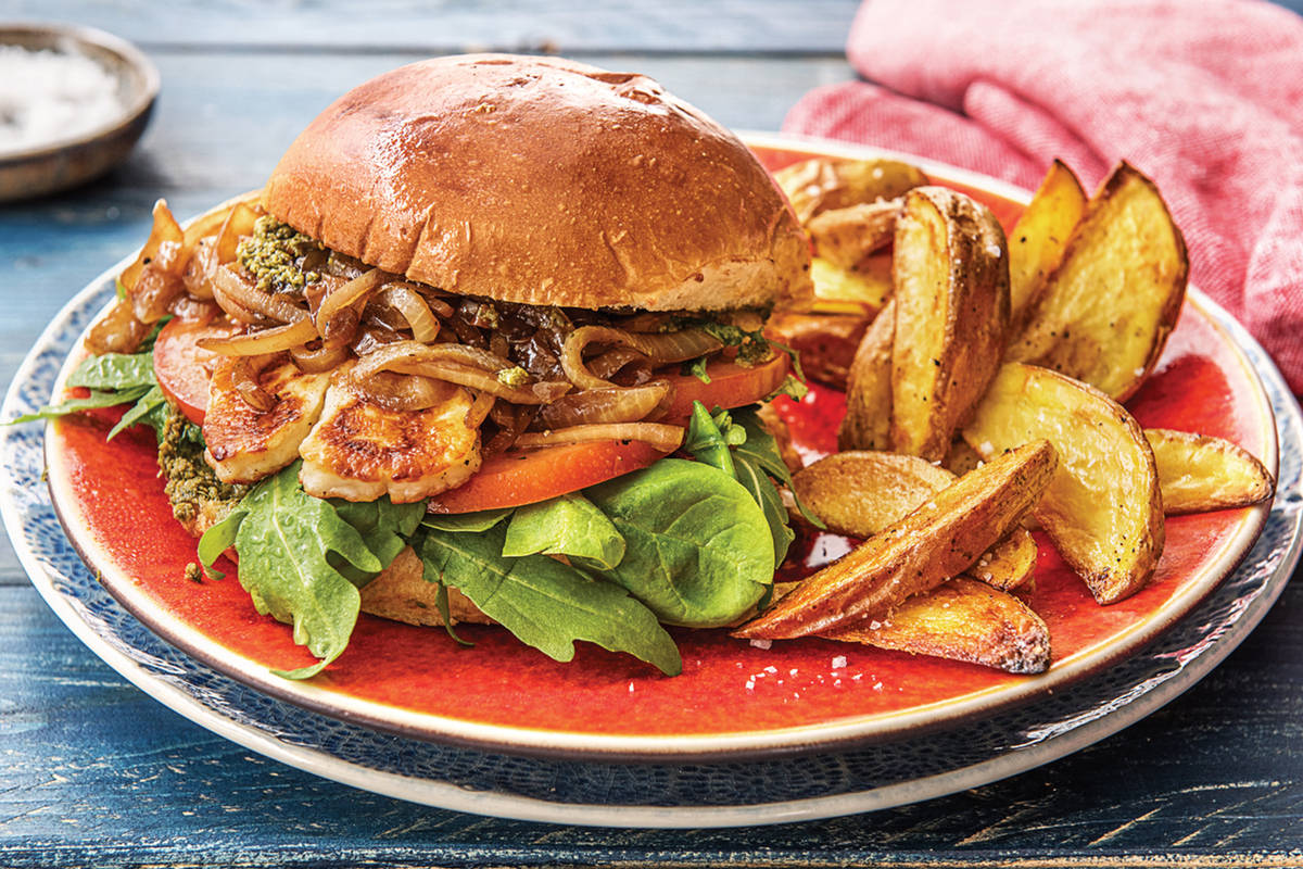(Vegetarian) Mediterranean Haloumi, Pesto & Onion Jam Burger