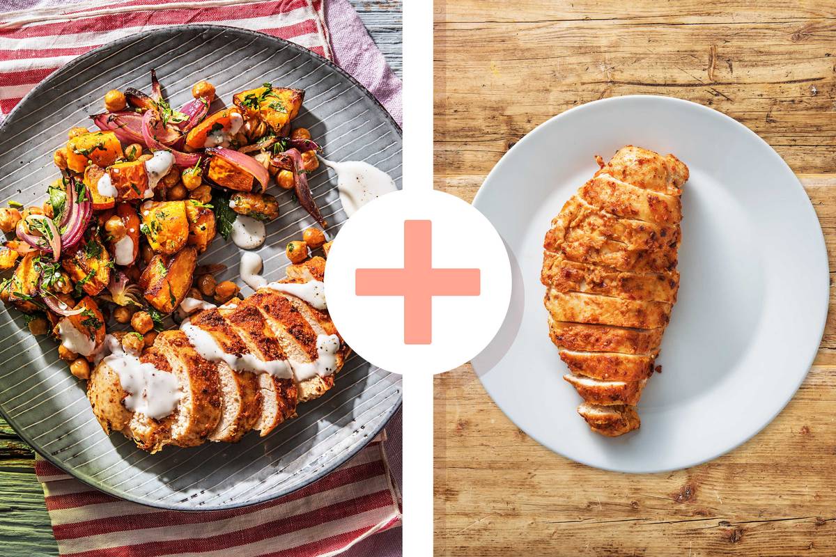 Harissa-Hähnchen mit Kürbis-Kichererbsen-Gemüse