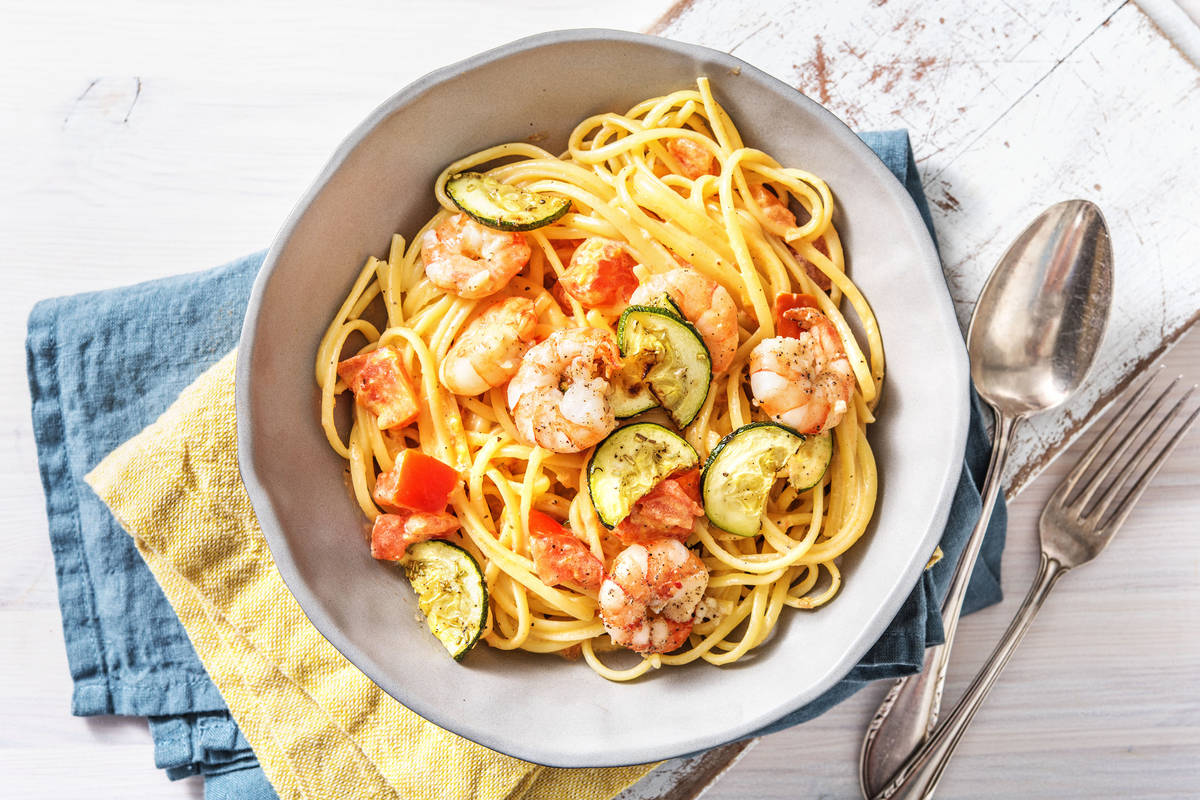 Linguine à la crème, crevettes et romarin