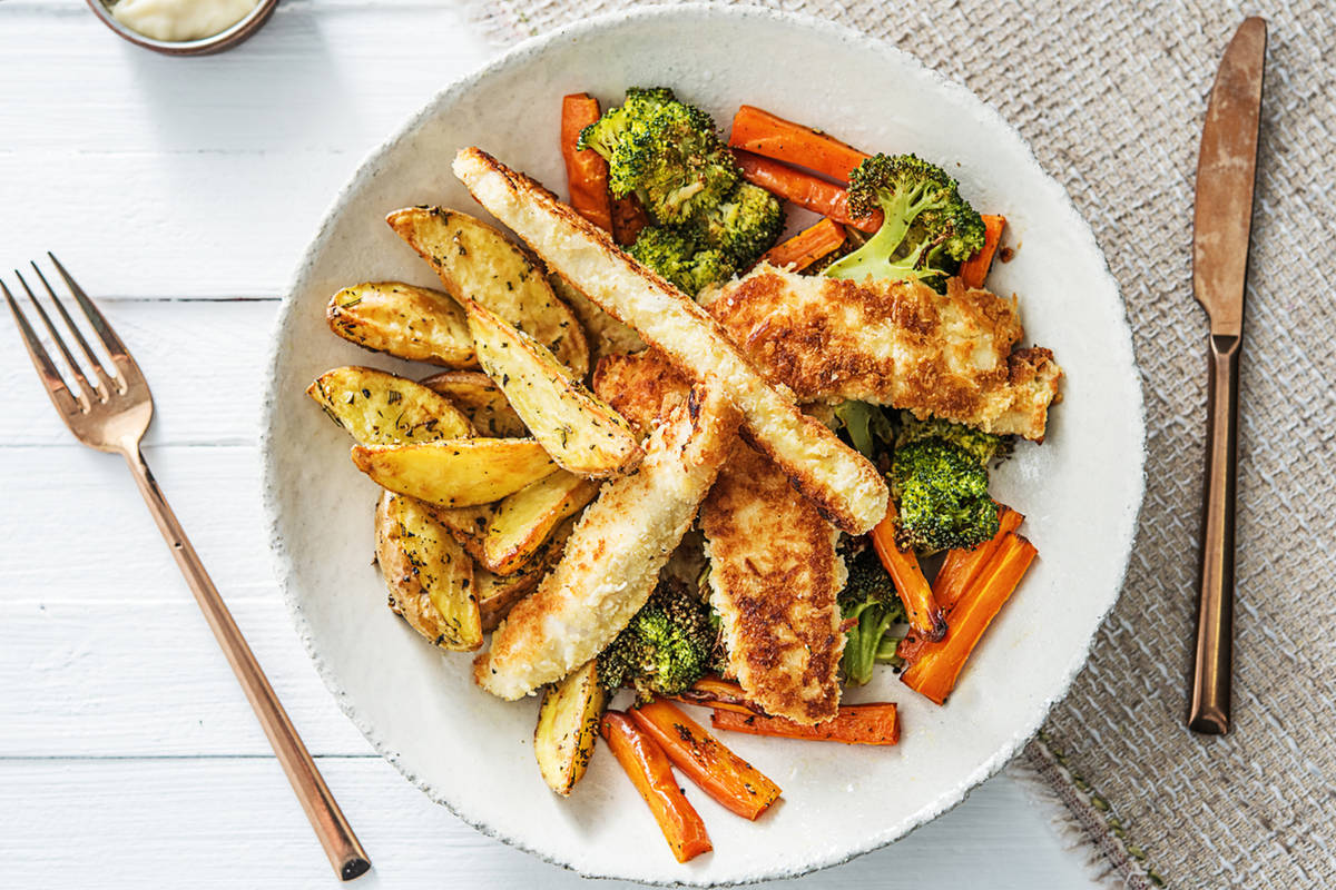 Crumbed Chicken Dippers & Rosemary Roasted Potato Wedges