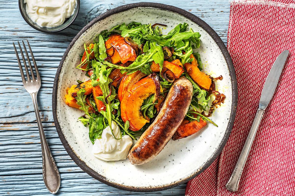 Saucisse de porc et potimarron rôti