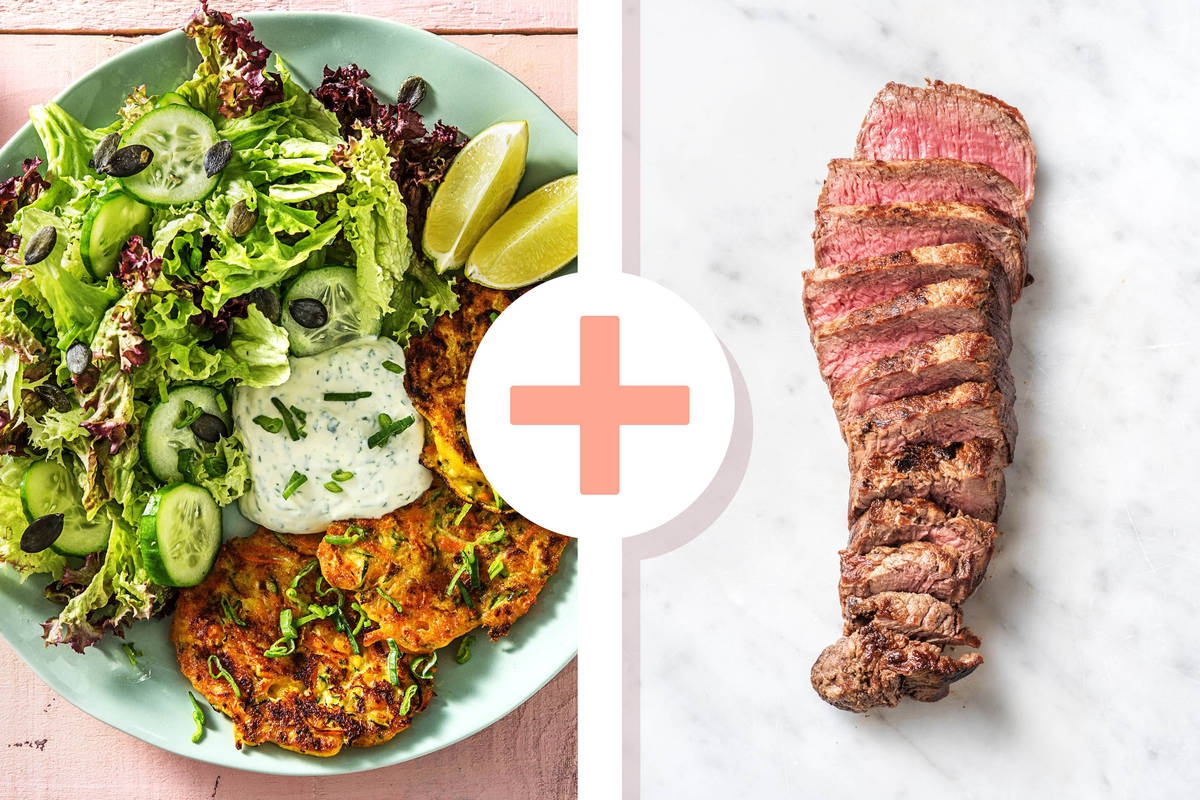 Zucchini-Cheddar-Puffer mit Steakstreifen