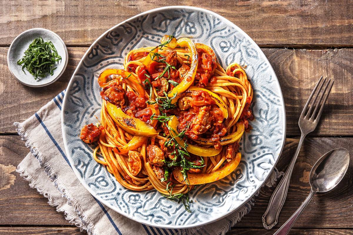Linguine met chipolataworstjes
