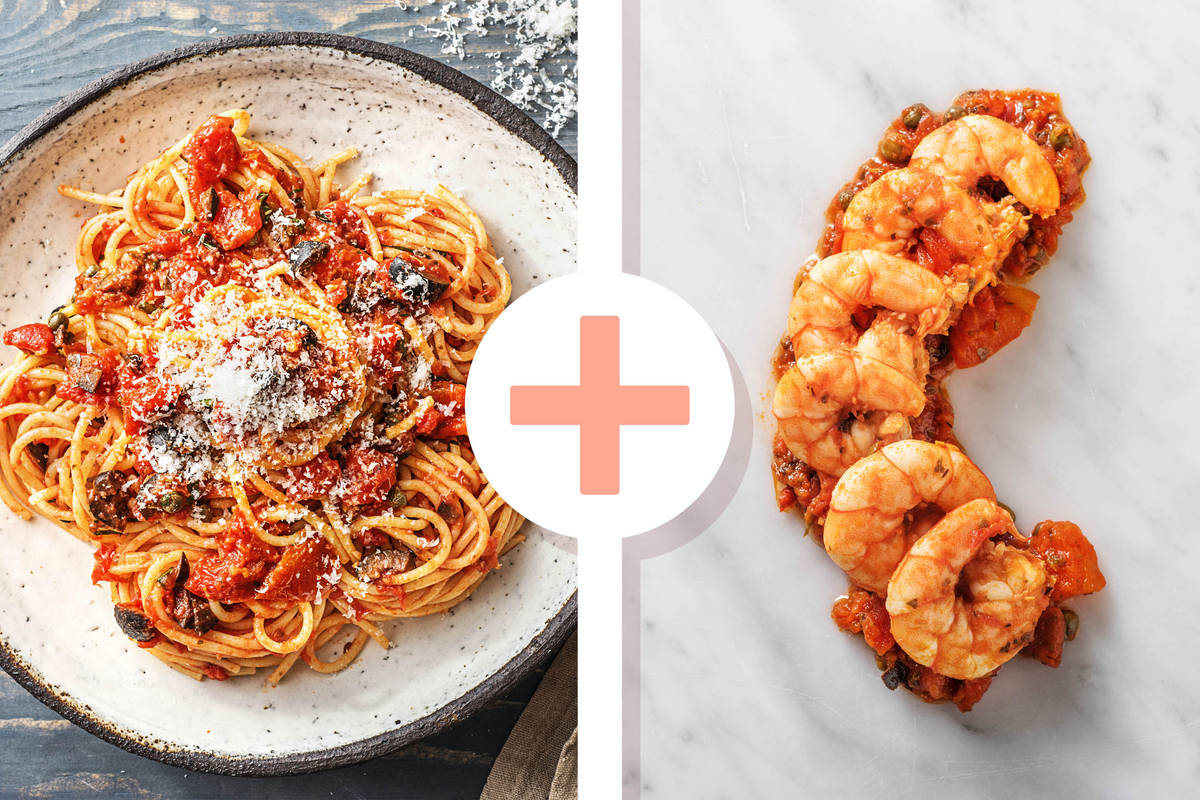 Spaghetti Puttanesca mit Garnelen