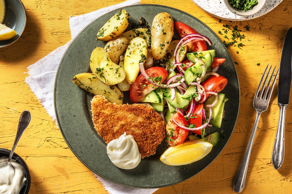 Escalope panée végétarienne et grenailles au persil