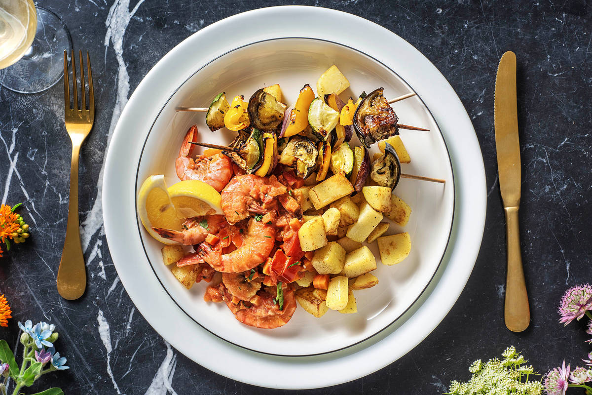 Crevettes à la grecque et souvlaki de légumes