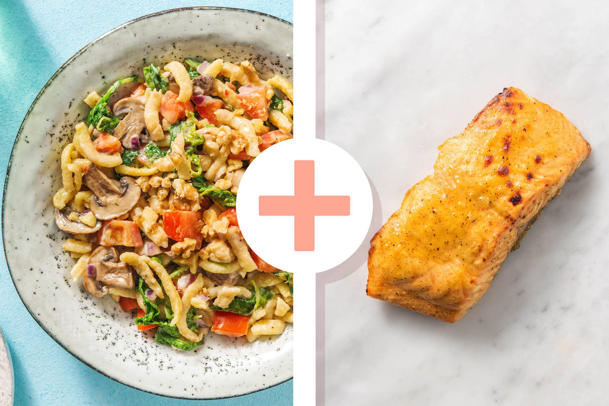 Herbstliche Grünkohl-Spätzle-Pfanne mit rauchigem Lachsfilet