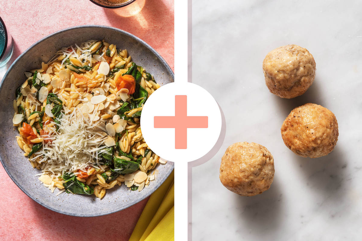 Veggie + protein - Orzo aux épinards et boulettes de viande hachée au poulet en extra