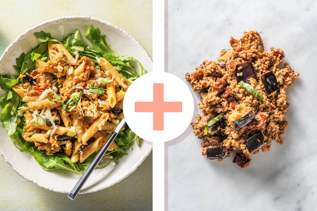 Veggie + protein - Penne sauce à la crème, tomates séchées et aubergine