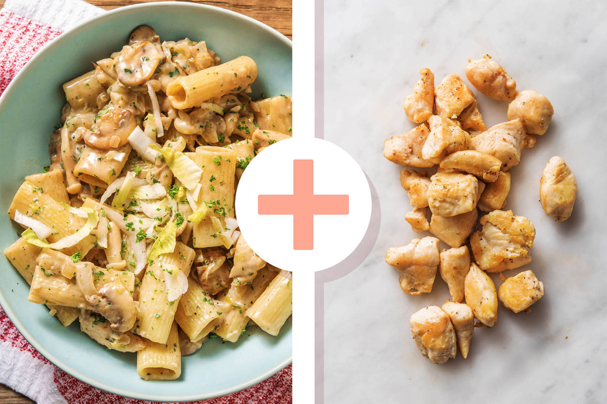Veggie + protein - Rigatoni sauce à la crème de champignons et dés de poulet en extra