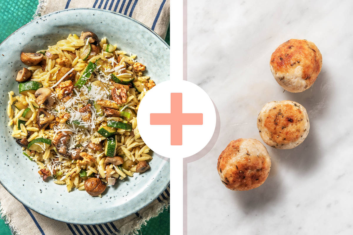Risotto d’orzo et boulettes de poulet aux herbes italiennes en extra