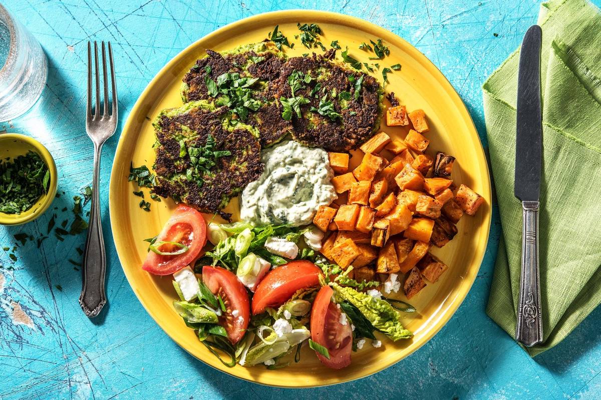 Brokkolitaler mit Ofen-Süßkartoffeln