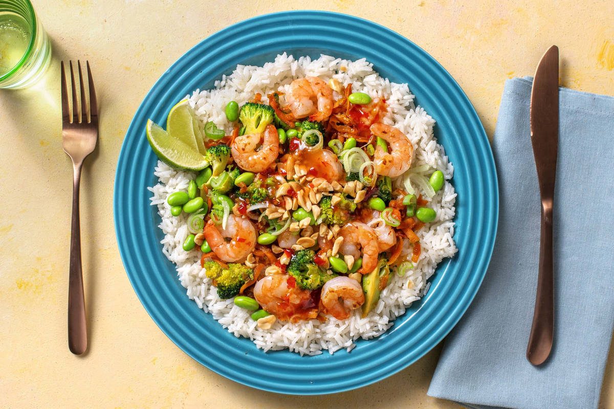 Asiatische Garnelen-Bowl mit Edamame