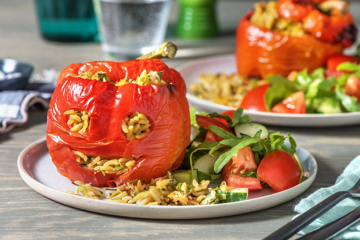 Gevulde paprika-gezichtjes met orzo