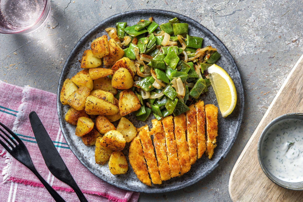 Escalope panée végétarienne et pommes de terre rissolées