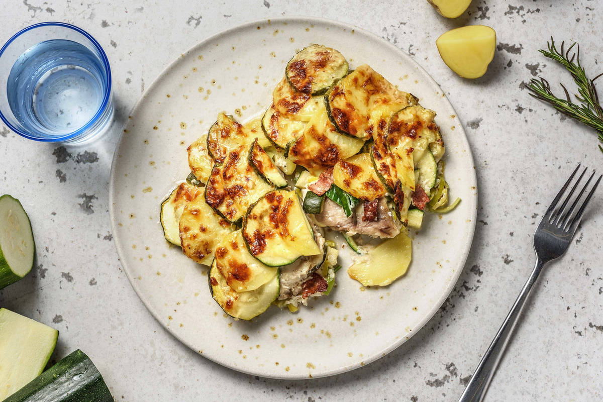 Gratin façon dauphinois au filet de lieu jaune et lardons