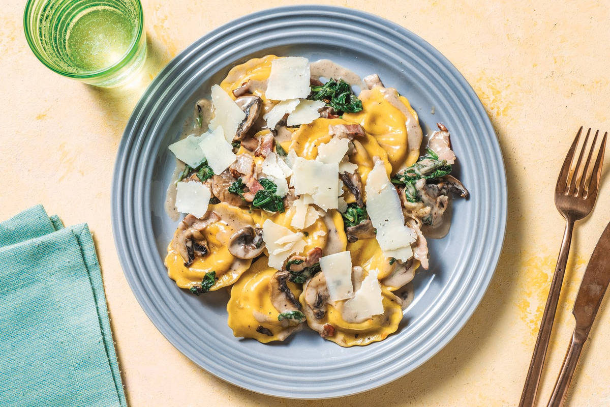 Creamy Pumpkin Ravioli & Bacon with Mushrooms & Sage